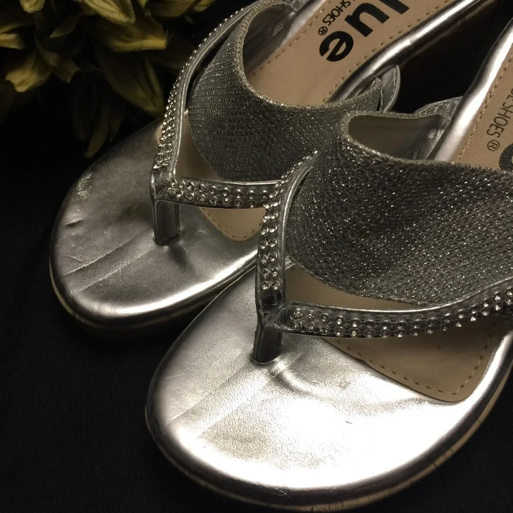 Blue, Blue‎ Suede Shoes-Silver Wedge Sandals-Size:3